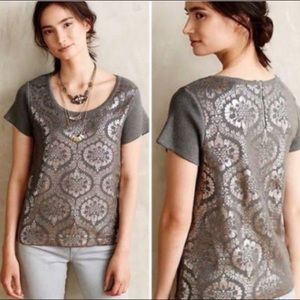 Moth Anthro Metallic Print Cotton Knit Short Sleeve Casual Career Blouse Top S